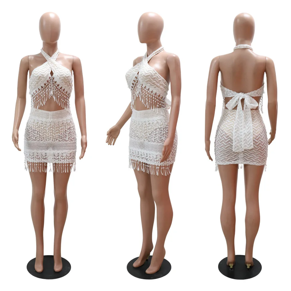Elegant Tassel Mesh 2 Piece Skirt Sets Sexy Crop Tops Outfit 2023 Summer Fashion Mini Dress Sexy Casual Two Piece Set Clothes