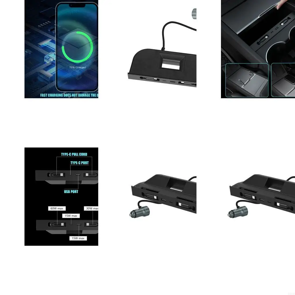Vehicle USB Power Dock for Center Console, Front Port Charging Insert with Low Profile Black Housing and Pull-Out Cable Access