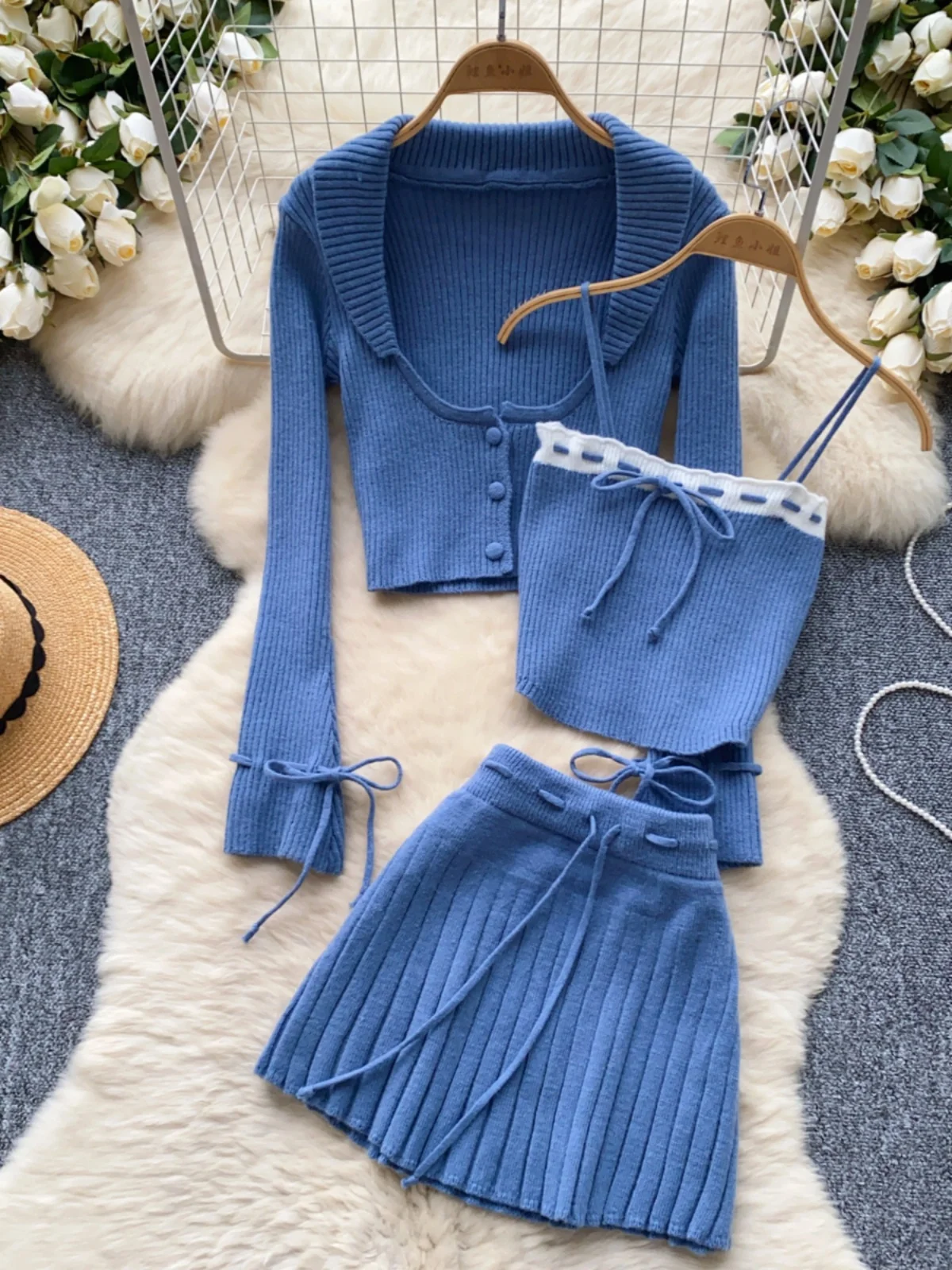 Gagaok Korean Style Knitted Set Women Clothing Sweet Inner Strap Tank Top+Versatile Knitted Cardigan Coat+pleated Mini Skirt