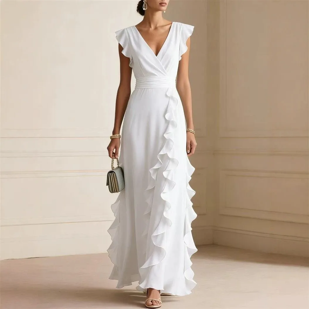 Sleeveless V Neck Dresses Maxi Length Private Designer with Daily a Line Silhouette Travel Pleated Dress for Work for Women