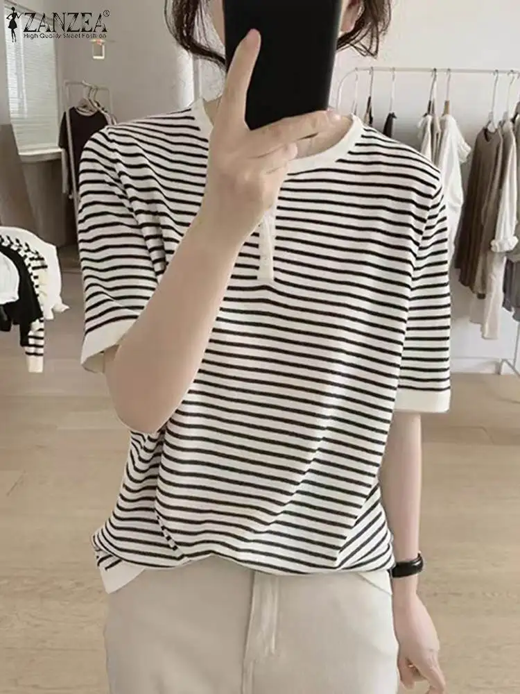 ZANZEA Women Korean Striped T-Shirt Summer Round Neck Short Sleeve Tee 2024 Casual Loose Tops Harajuku Baisc Baggy Tunic Blouse