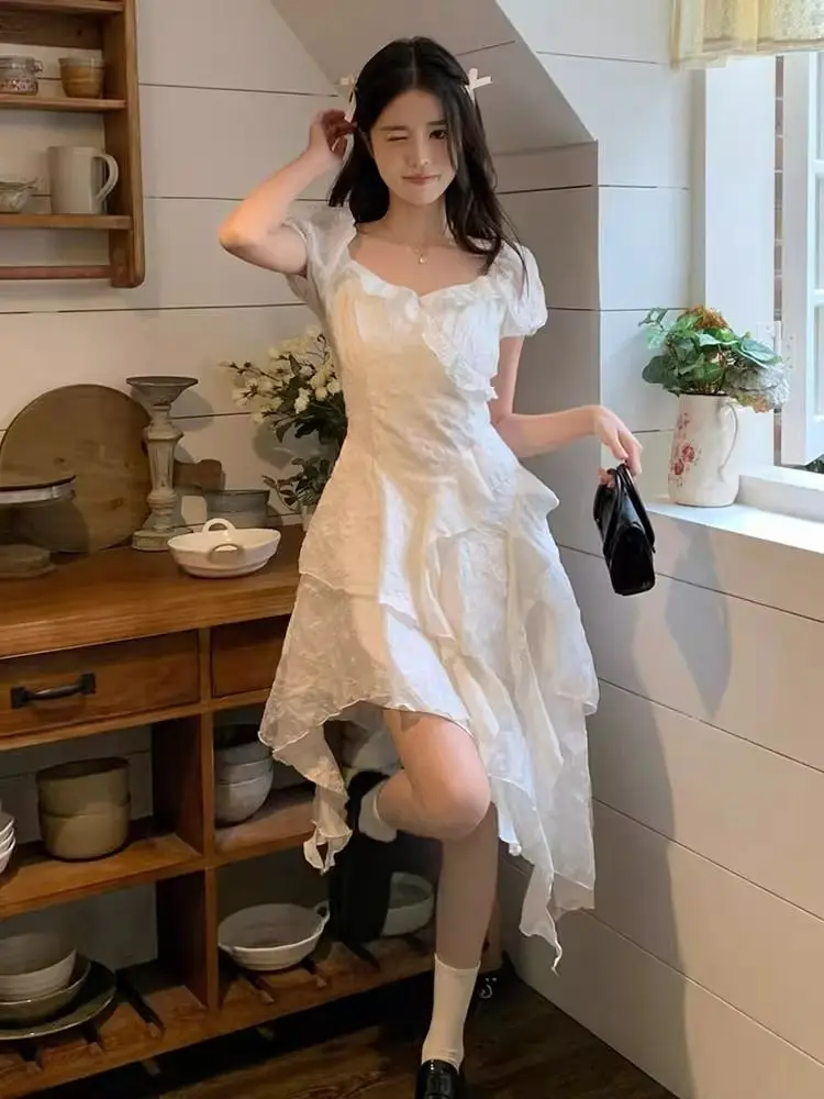 Sukienki Krótkie Rękawy Damskie Quinceanera Niebieskie Wiosenne Satynowe Kokarda Marszczona Talia Falbana Linia A Słodkie Wyszczuplające Szarfy Ładne Delikatne