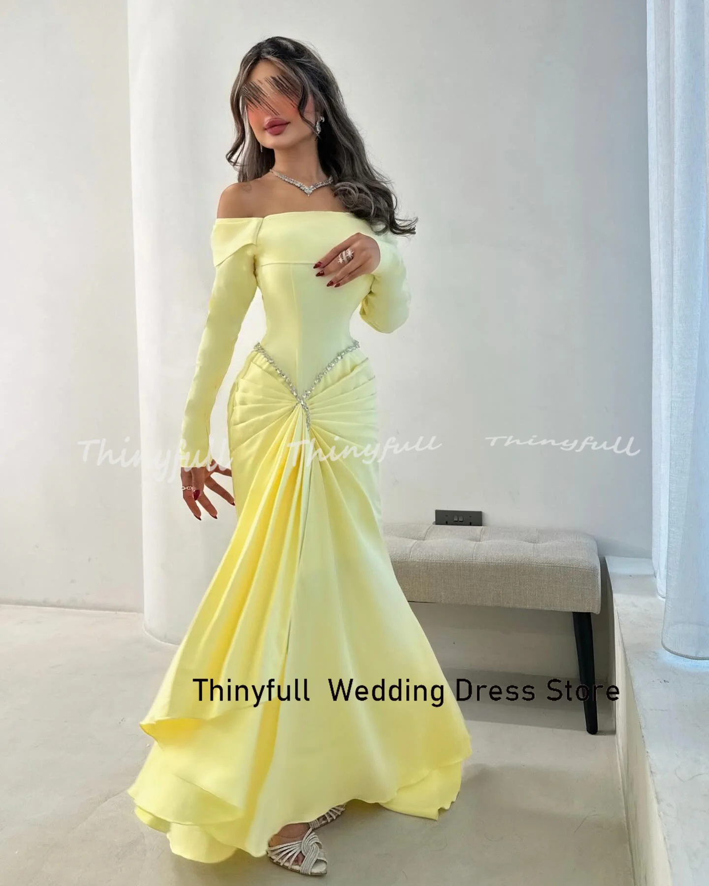 Thinyfull Mermaid Satin Off Shoulder Arab Prom Dresses Full Sleeves Evening Party Gown Dubai Special Occasion Dress Customized image 4