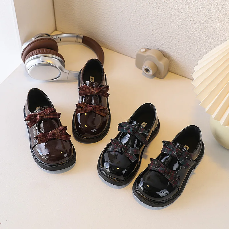 

Children School Mary Jane Shoes Plaid Bowknot Girls Platform Leather Shoes Wedding Party Dress Fashion Kids Princess Flat Shoes