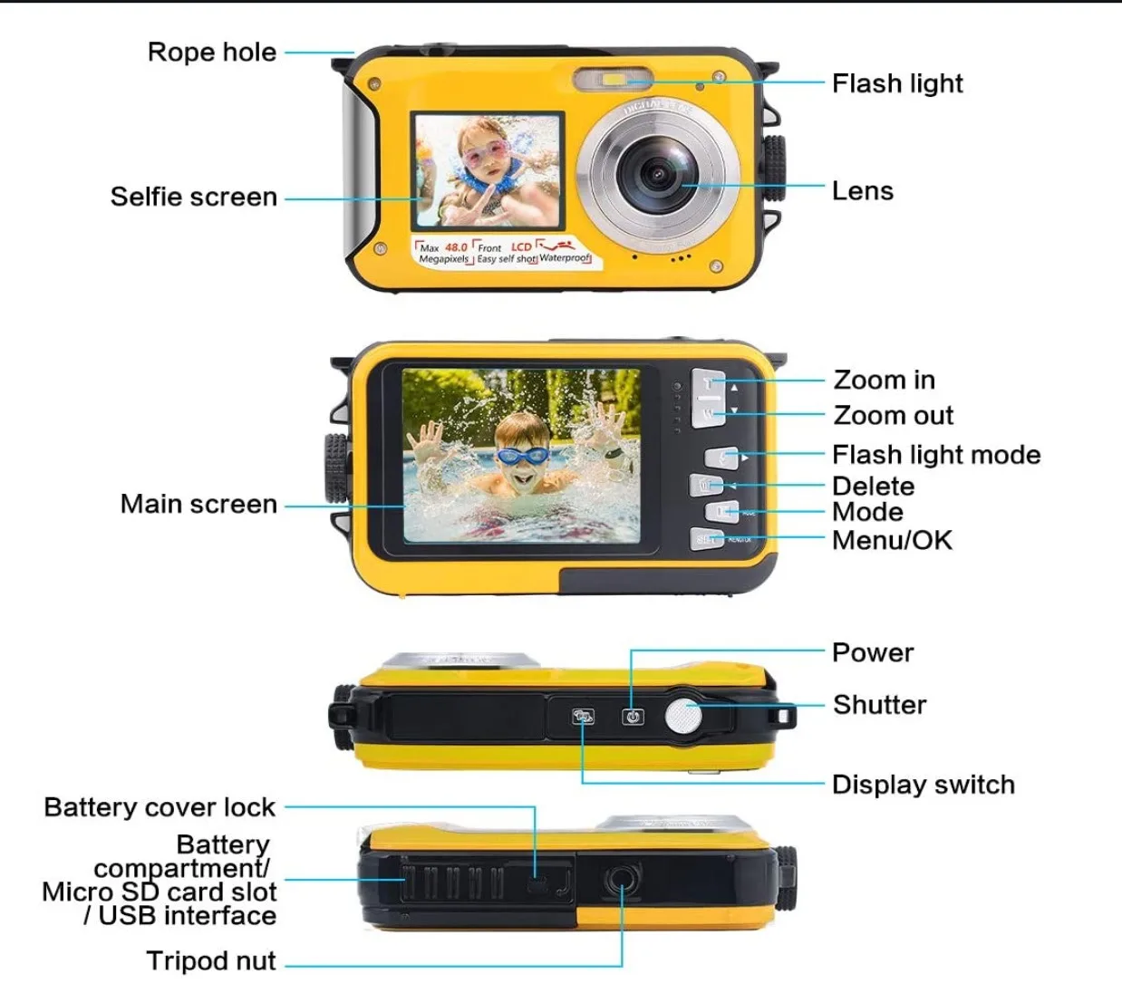 Dual Screen Camera Waterproof Cam Electronic Anti-shake Water Resistant Video Surveillance Underwater Camera  Plastic Outdoor