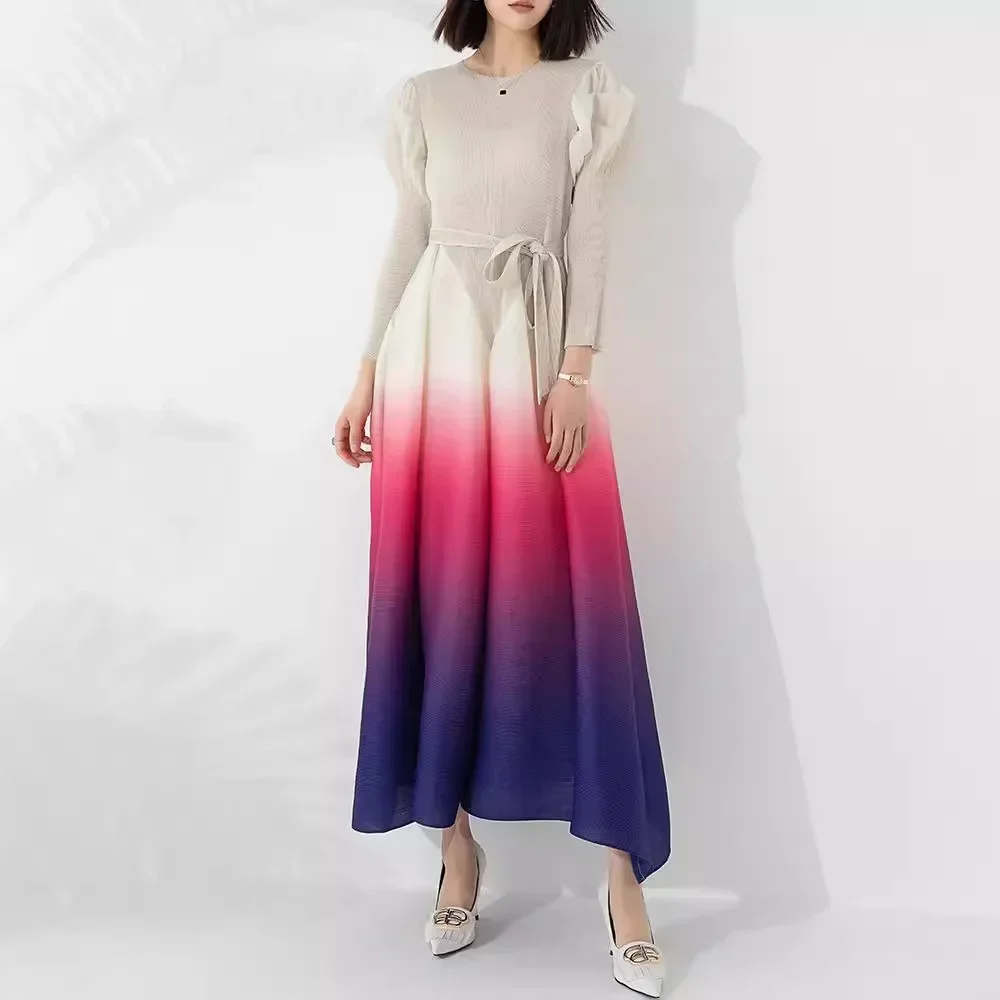 ALSEY Style Pleated Elegant Dress Women 2024 Autumn New Large Size Women's Puff Sleeves Fashion High-end Gradient Long Skirt