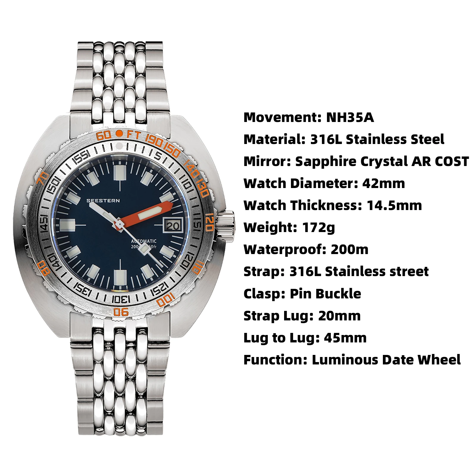 SEESTERN Men Diving Watch Automatic Luminous Date Waterproof Turn Bracelet Wristwatches Retro SUB300T Mechanical Sapphire Glass