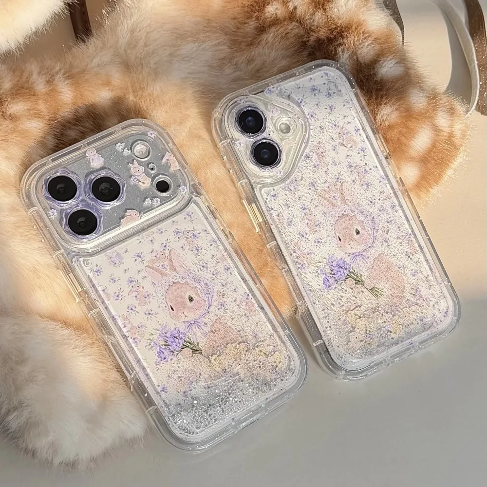 

Cute 3D Rabbit Purple Floral Glitter Phone Case for iPhone 17 16 15 14 Pro Max 13 Aesthetic Floral Bunny Protective Kawaii Cover