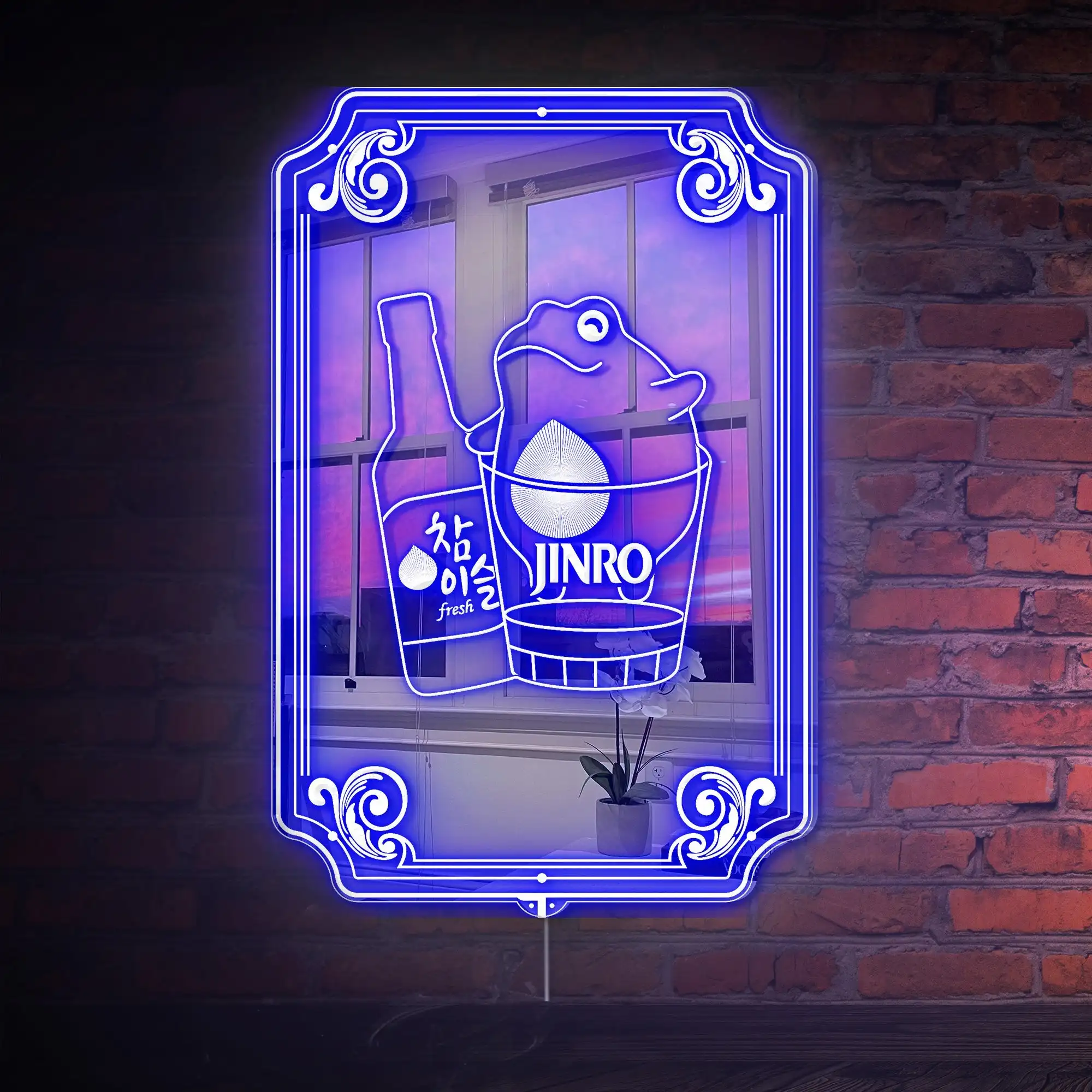 

Jinro Soju Frog Korean Beer RGB LED Neon Sign with Elegant Mirror Backing