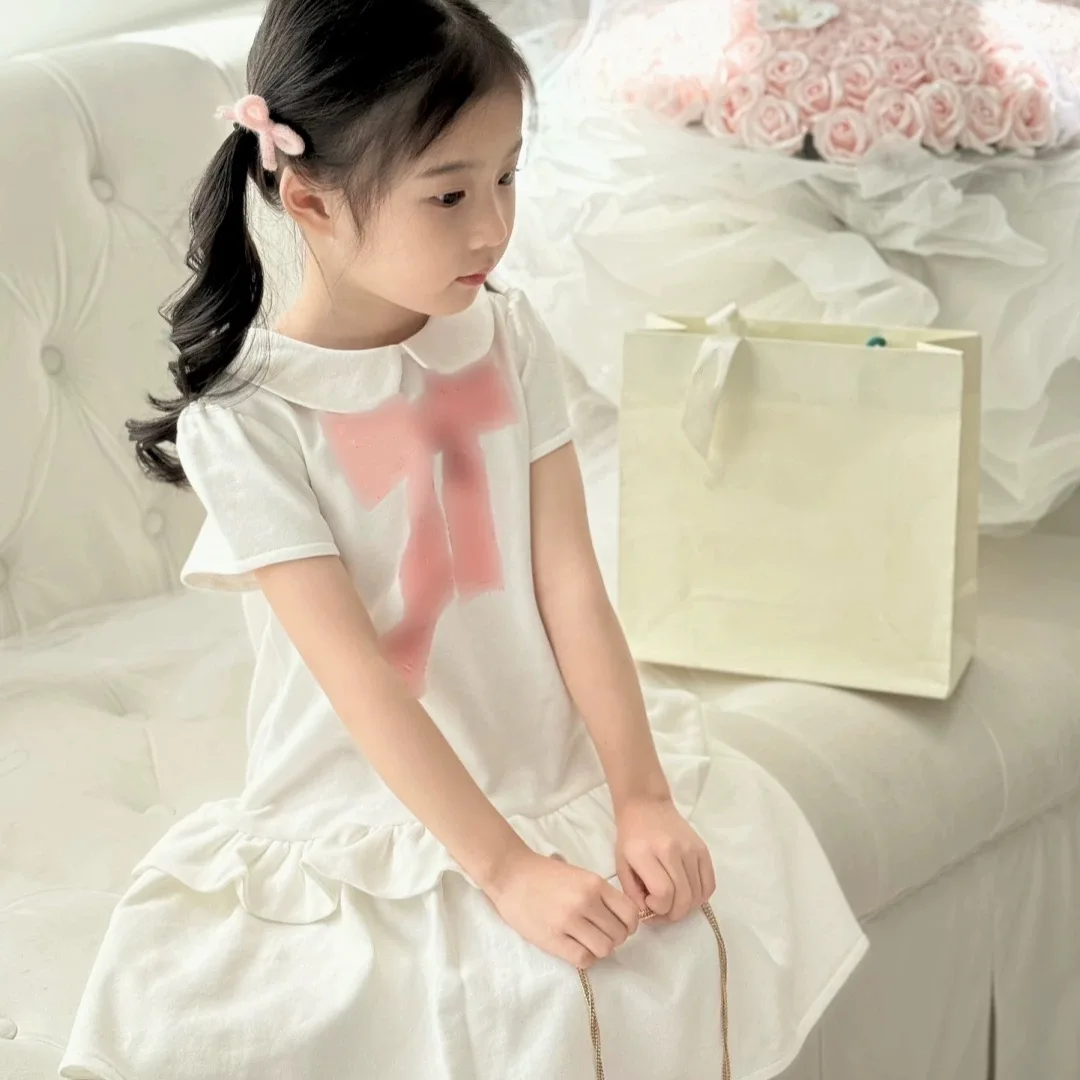 2025 Summer New Girl's Pink Letter Bow Cute Doll Collar Princess Dress