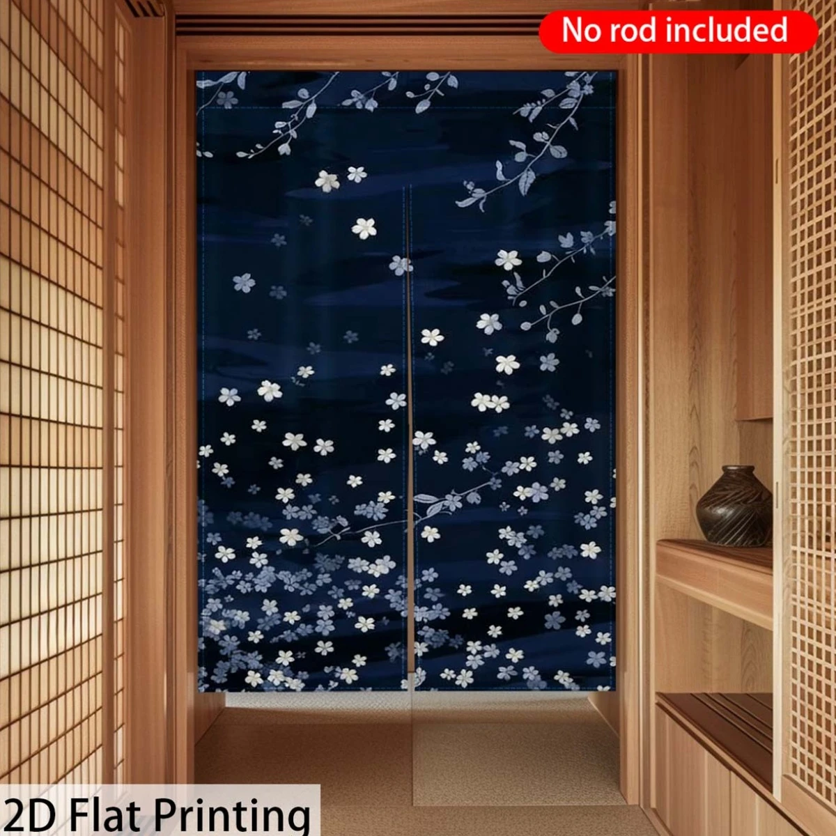 VIKAMA Indigo Cherry Blossom Branch Room Divider Curtain, Machine-Washable Double-Panel Curtain, Zen-Inspired Home Decor Curtain