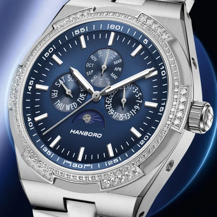 HANBORO Men Automatic Watch 42mm Mechanical Wristwatch 50M Waterproof Luminous Multi-Dial Month Week Date Sun-Moon Dial