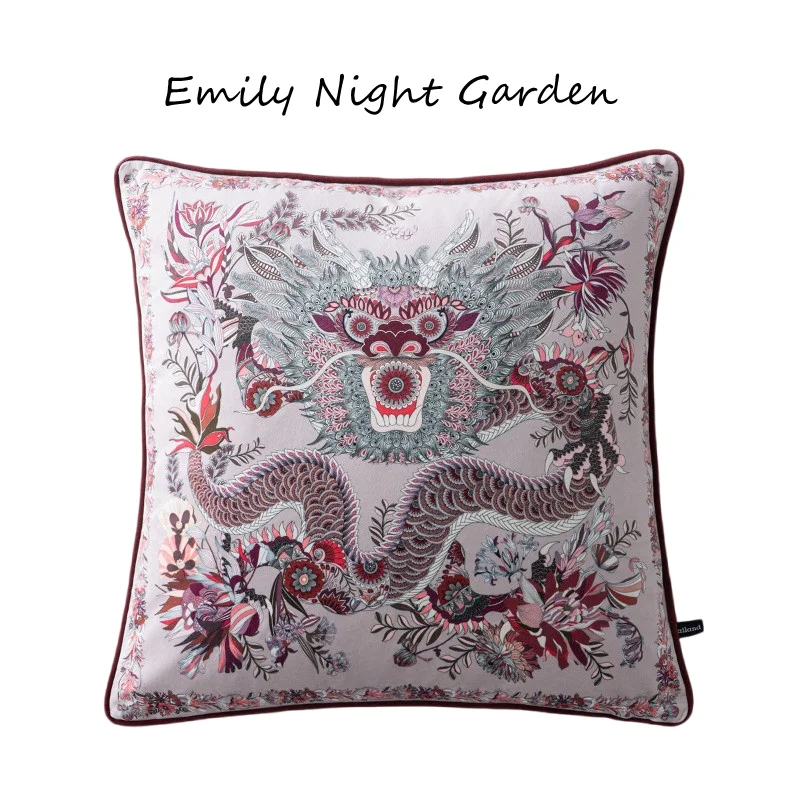 Vintage Chinoiserie Velvet Cushion Cover Big Chinese Dragon surrounded by Exotic Floral Print Grey Background Decorative Square