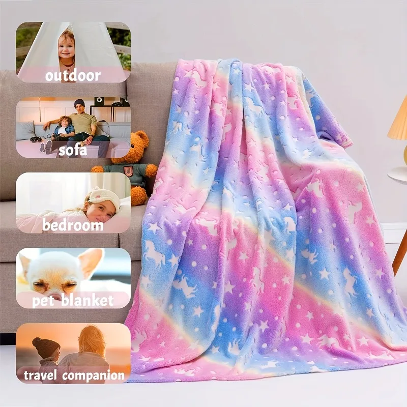 A children's luminous blanket comfortable and soft flannel blanket suitable for sofa beds schools rainbow unicorns
