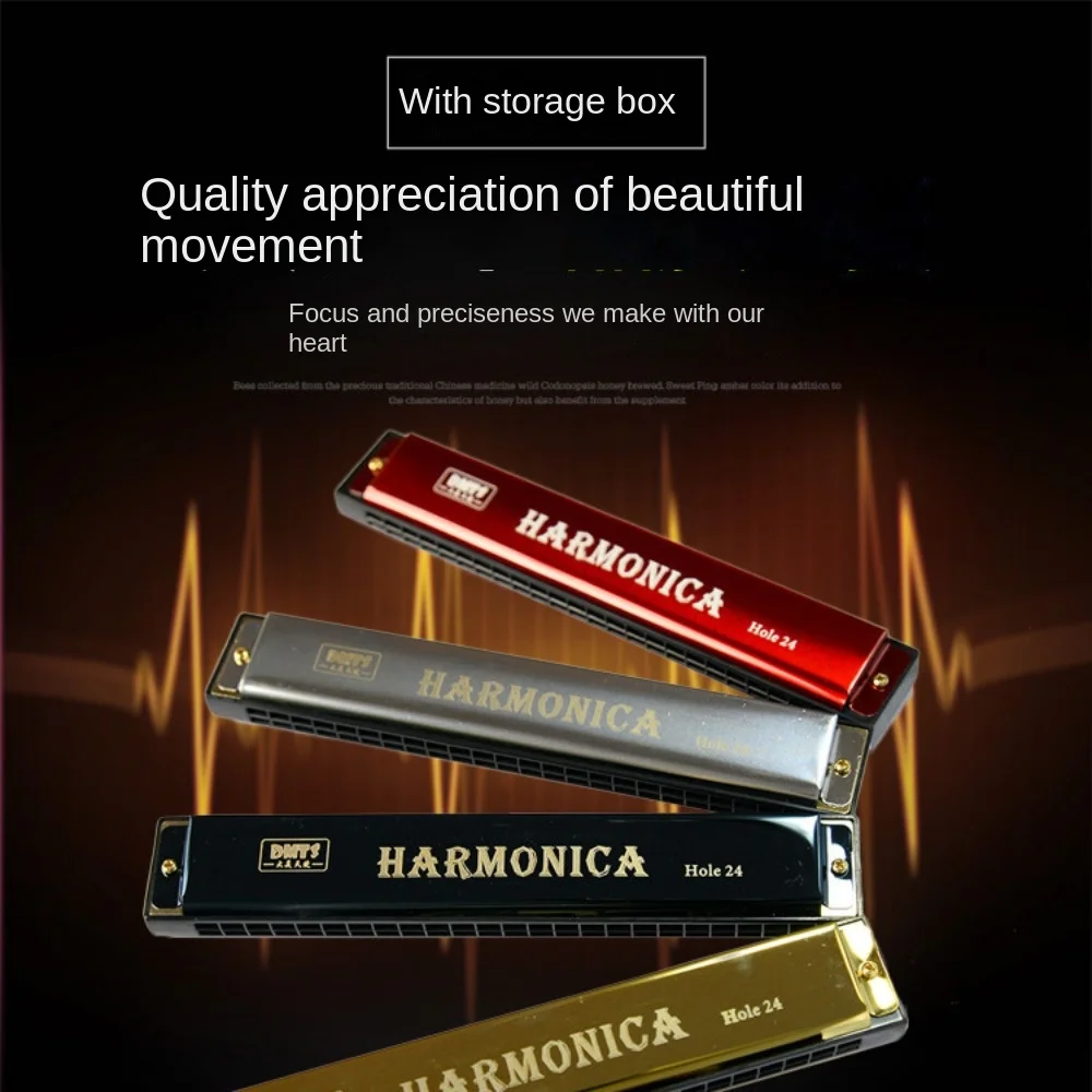 Double Row 24 Hole Harmonica Tremolo Harmonica Play Blues Harmonica Beginner Professional C-key Harmonica Blues Rock