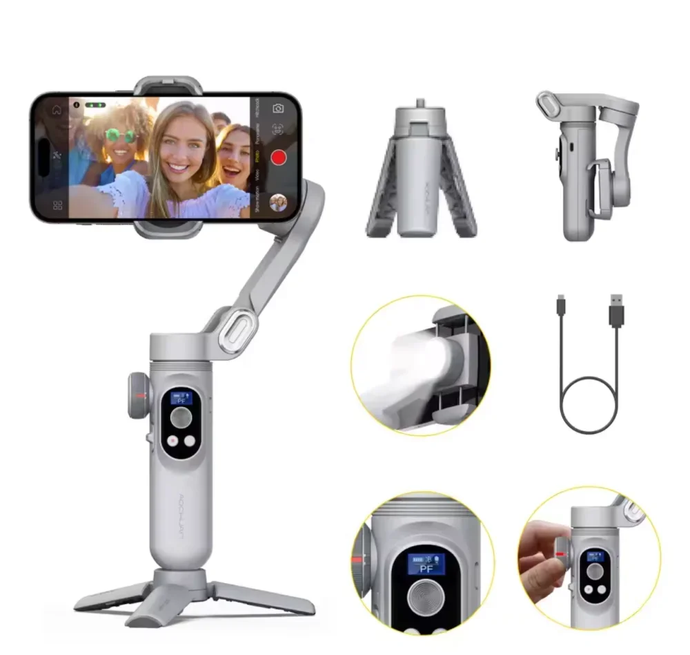 Smart XPro Ai Grey Gimbal Stabilizer For iphone And Android 3-Axis Intelligent Gimbal Stabilizer Appless Face Tracking