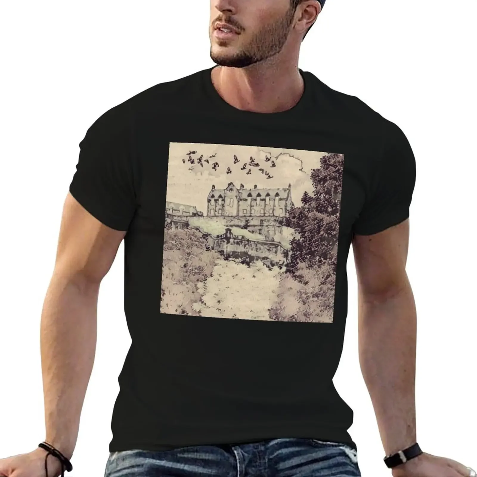 Edinburgh Castle Old Style Sketch T-Shirt essential t shirt street wear oversized t shirt T-shirts for men cotton