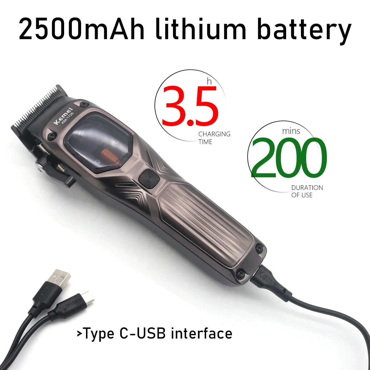 KEMEI KM-1726 Hair Clippers Men Professional with DLC Blade 10000RPM Magnetic Vector Motor Professional Hair Cutting Machine