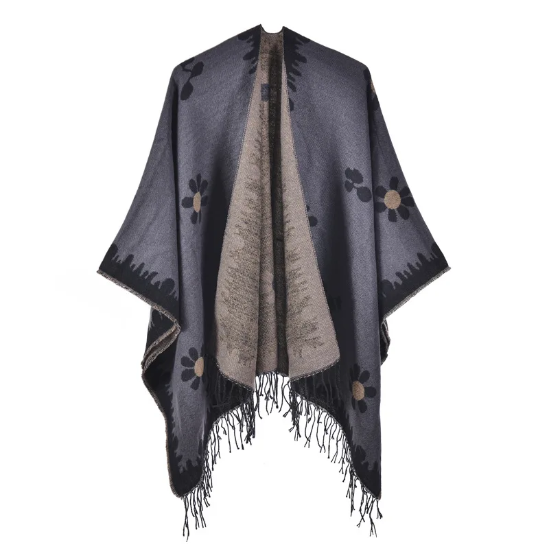 

Imitation Cashmere Poncho Fashionable Autumn Winter Shawl New Small Fresh Flower Cardigan With Tassel Split Warmth Cape Cloak G1