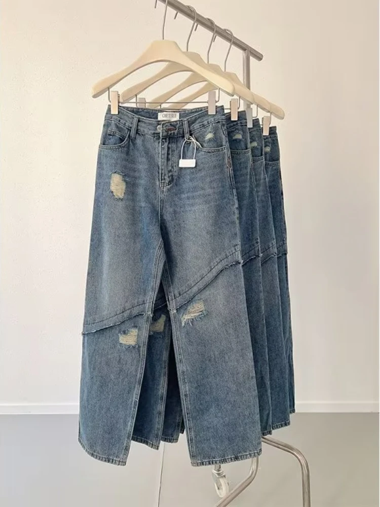 Gescheurde Jeans Vrouwen Gezellige Losse Ins Populaire College Fashion All-Match Harajuku Pocket Design Vintage Dagelijkse Broek Denim Street