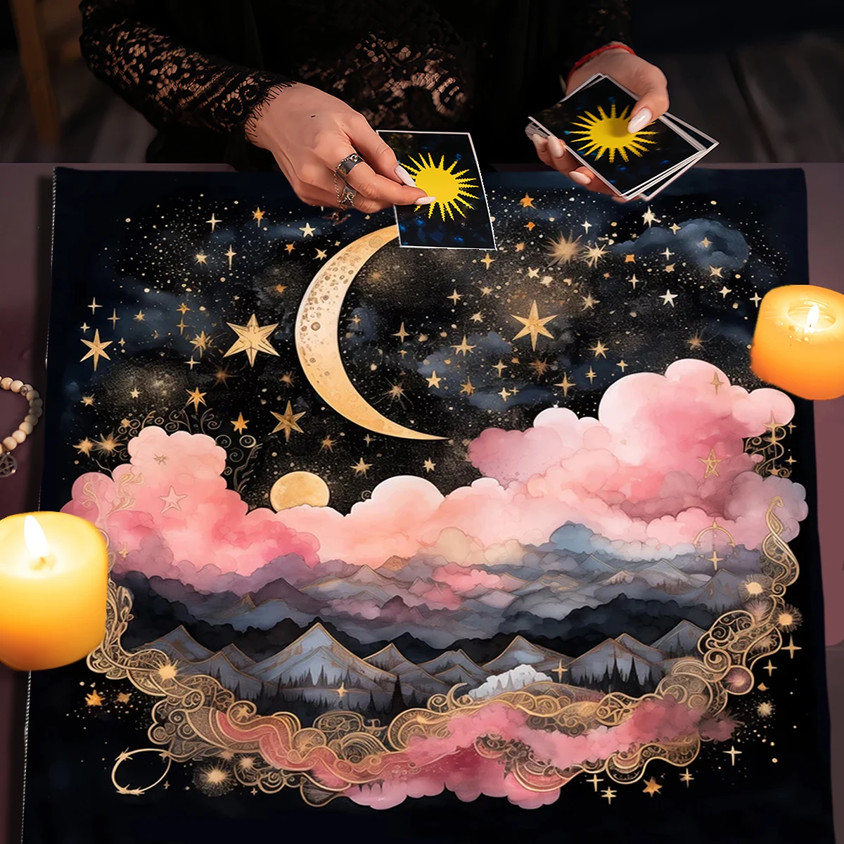 50/75/110/137cm Tarot mat Sun Moon Starry Sky Tarot Tablecloth Altar Cloth Pink Cloud Divination Witchcraft Astrology Oracle
