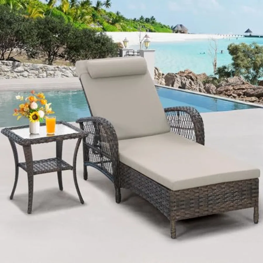 Outdoor Wicker Chaise Lounge Chair with Side Table, All-Weather Rattan, Beige, 6-Position Adjustable Reclining with Armrest Pil