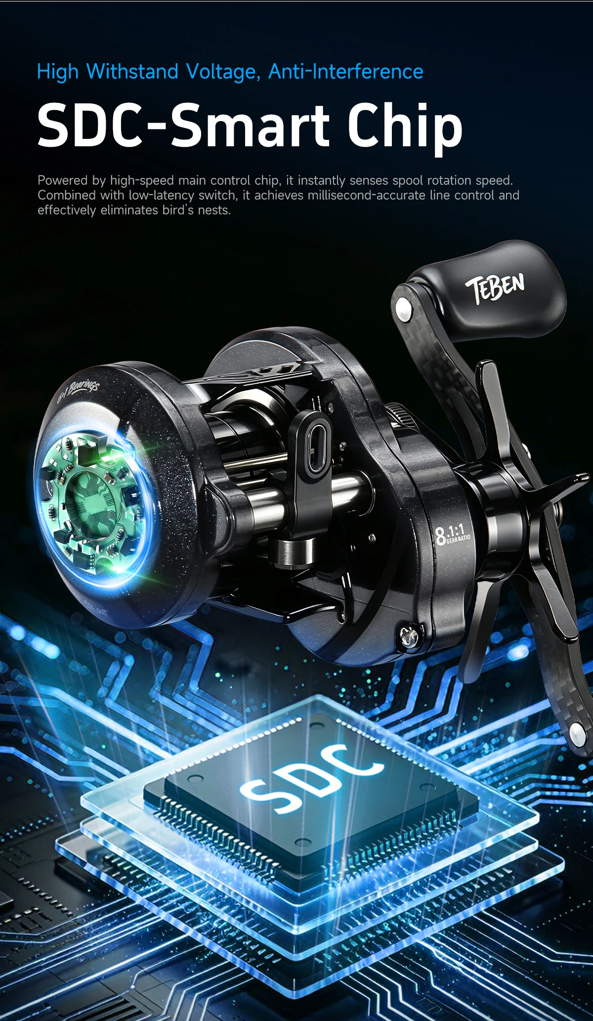 TEBEN Litespin 2 DC Digital-gesteuerte Trommel-Angelrolle 155g 6+1BB 8.1:1 5KG Max. Bremskraft Rundrolle für Köderangeln – Detail 5