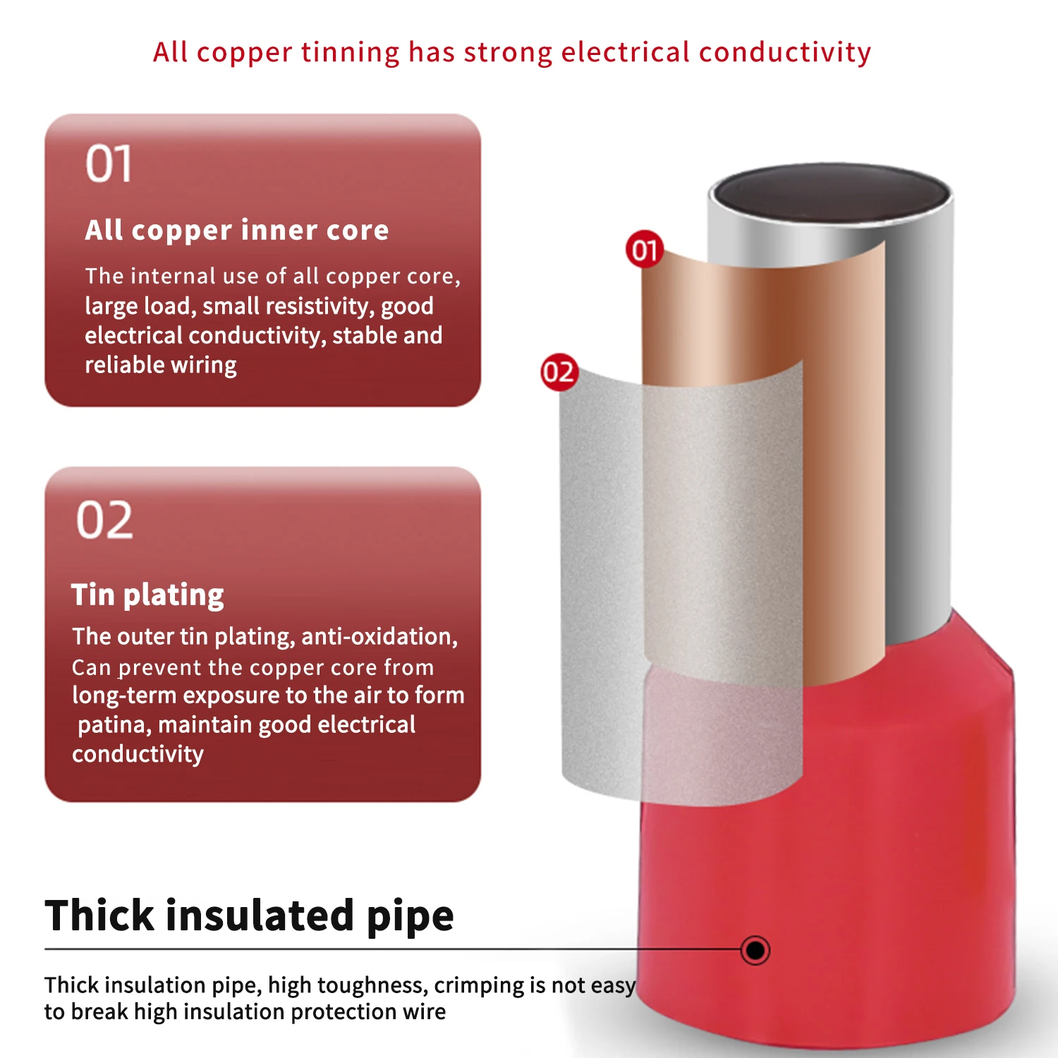 1000pcs Insulated Crimp Terminal VE0508 1008 1508 7508 2508 6012Copper Tubular cold Pressure cable connector electrical terminal