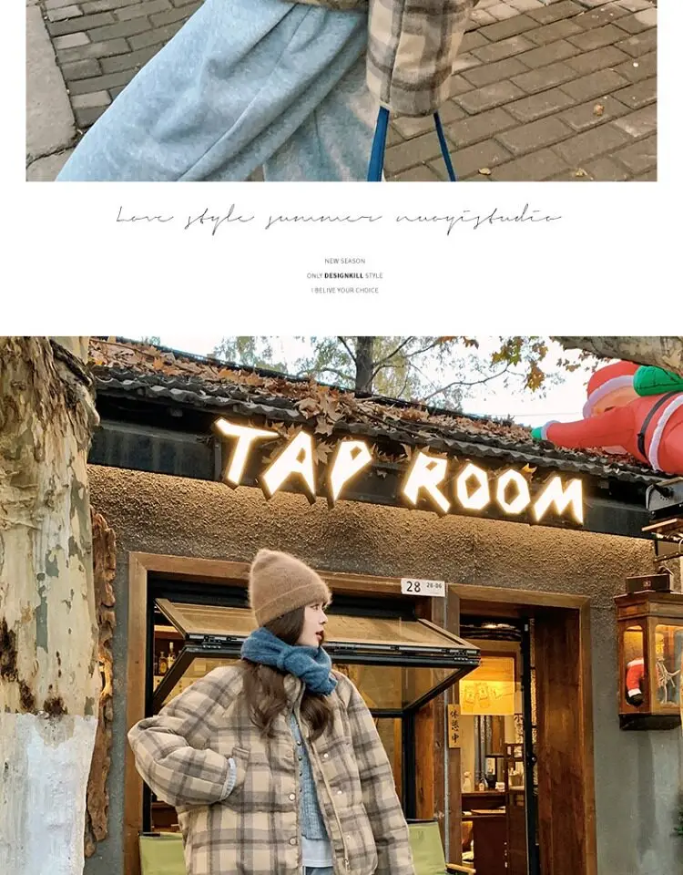 Retro Plaid Short Padded Jacket for Women Autumn Winter Maillard Style Thick Warm Outerwear Female Casual Korean Puffer Jackets