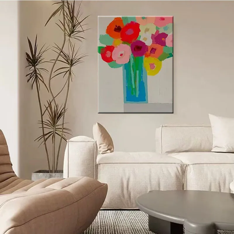 Pure hand-painted oil paintings, colorful flower dining room decorative paintings, abstract living room background wall