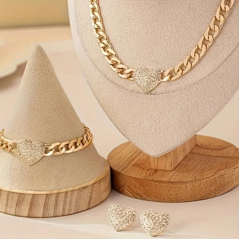 

New jewelry set, golden thick chain with love necklace, bracelet, stud earrings, fashion jewelry for women