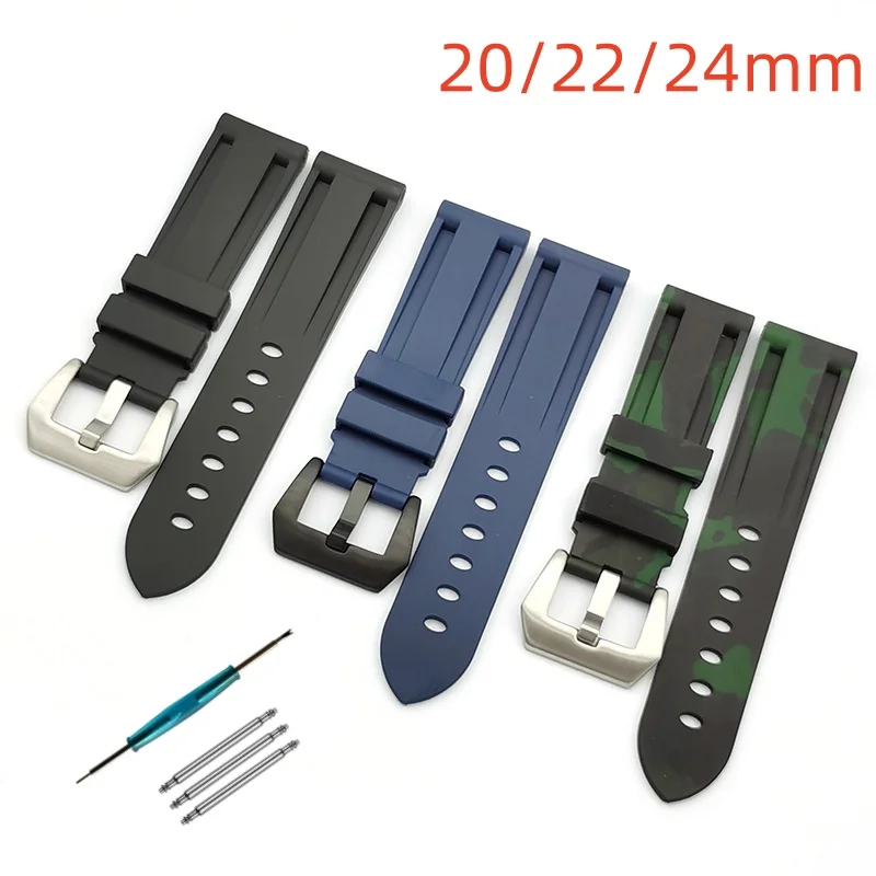 20/22/24/26 مللي متر حزام ساعة سيليكون أسود أزرق التمويه سوار الفولاذ المقاوم للصدأ إبرة مشبك لبانيراي PAM03312 PAM01526