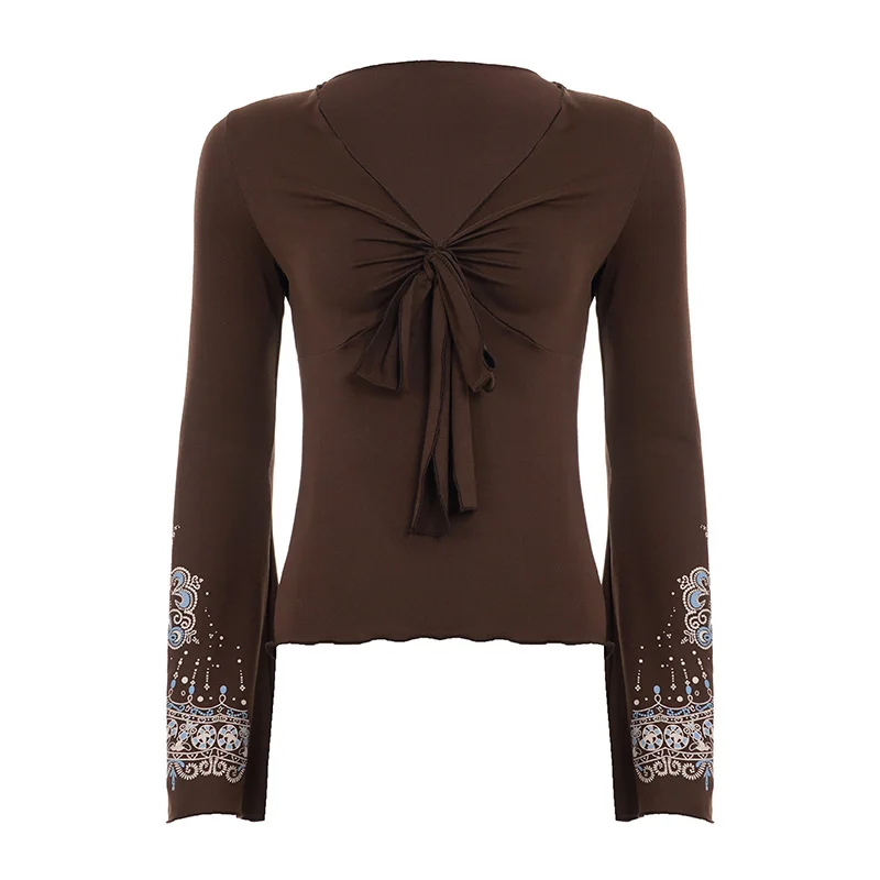 

High-End Elegant V-Neck Flare Sleeve T-Shirt For Women With Ruched Elasticity Slimming Effect Long Sleeve Base Top