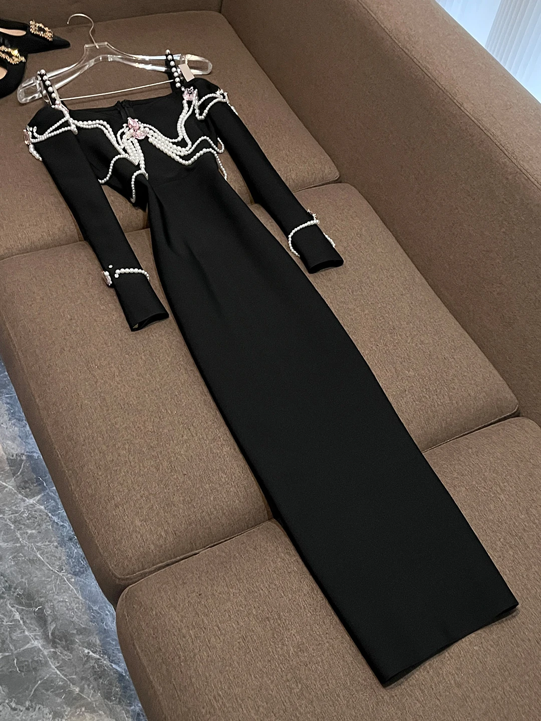 

New Sexy Faionable Evening Dr Chain Pearl Birthday Par Anniversary One oulder Strap Dr mid Waist Long Sve Wome...