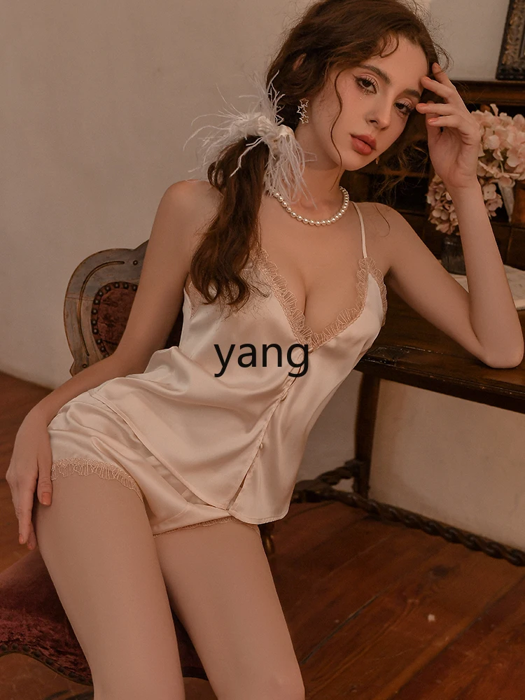 Yjq pajamas women's small breasts ice silk high-end suspender pajamas loungewear set