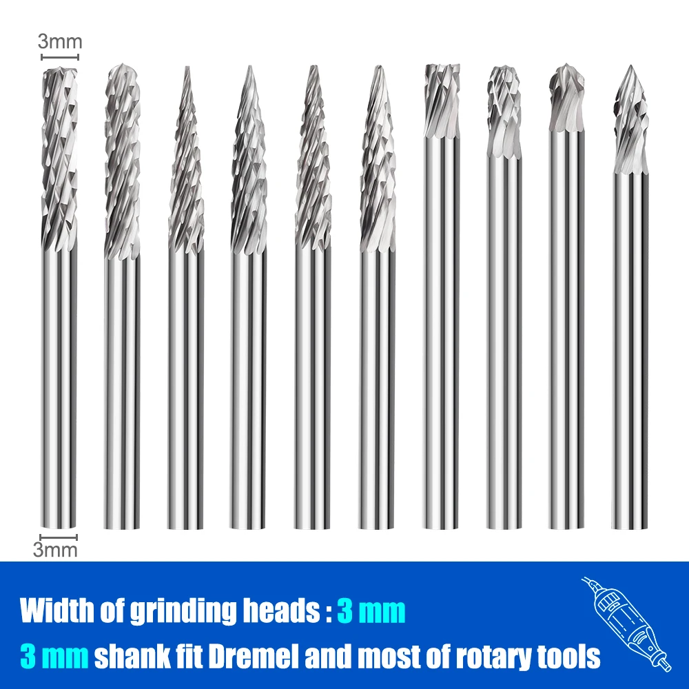  Tungsten Carbide Rotary Burrs 3x3mm Rotary Tools Accessories Singe Cut and Double Cut Rotary Files