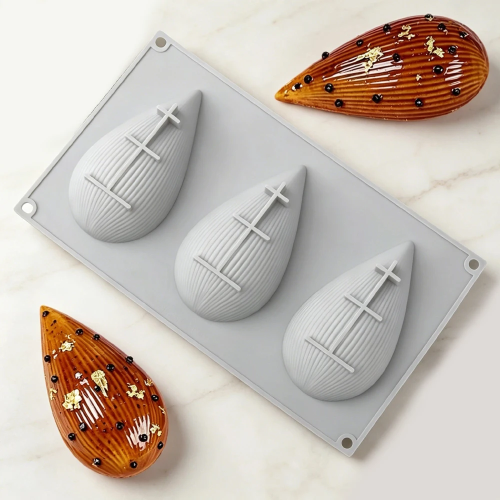 3-Cells Striped Shell Design Easter Egg Silicone Cake Mold Hand Drawn Easter Egg Chocolate Mould Easter Day Dessert Baking Tools - view 5