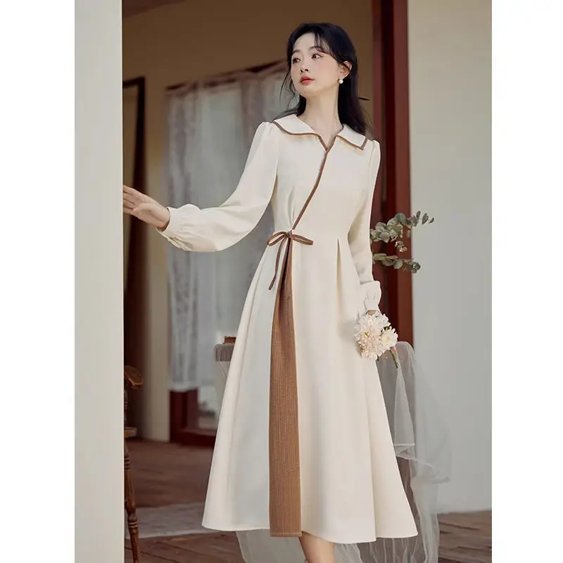 Women Autumn Casual Fashion Simplicity Vintage Long Sleeve Dresses Women Clothes Chinese Style Elegant Temperament A-line Skirt