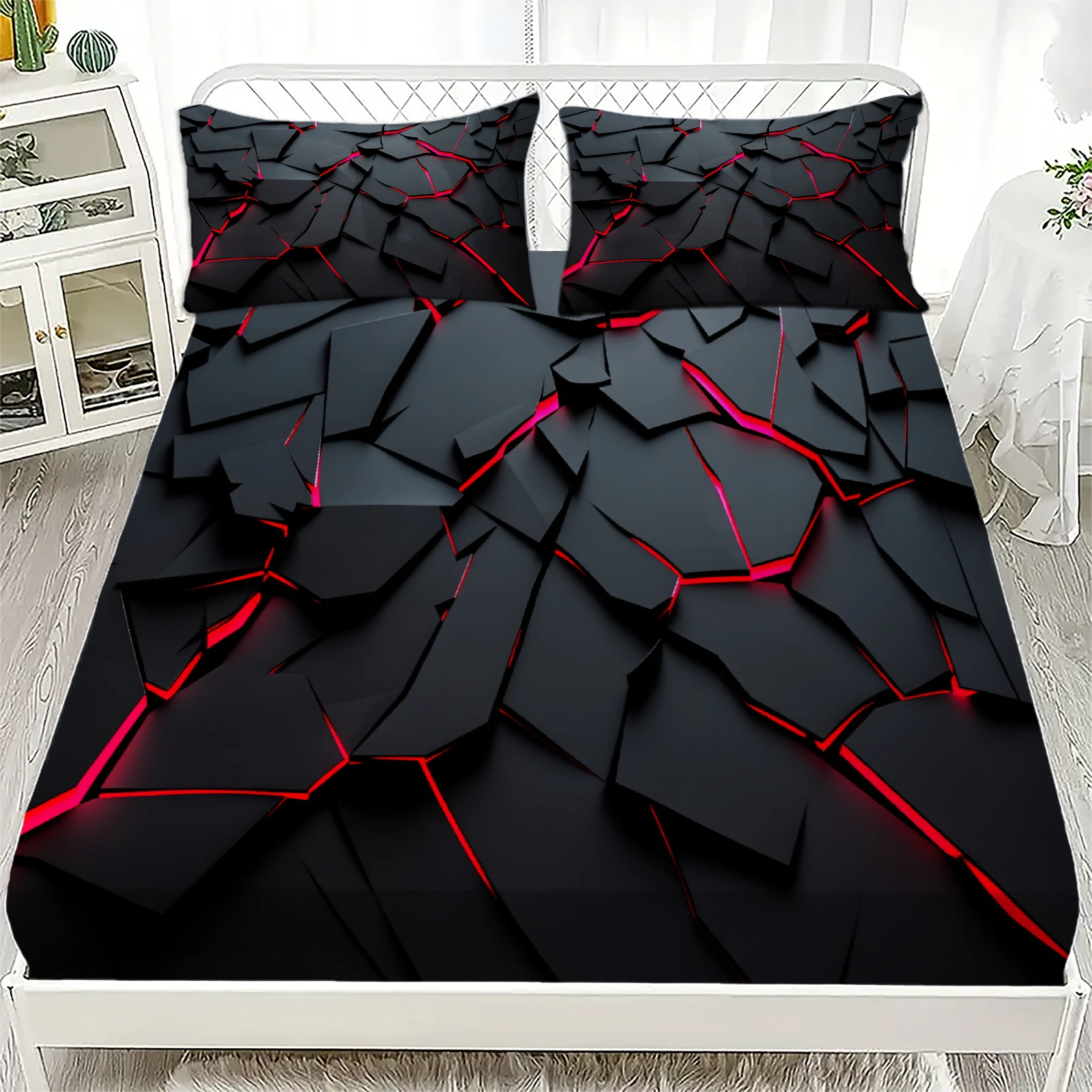3Pcs Lightning Glow Fitted Sheet Set 3D Printed Soft Red Black Bedspread Single Twin Queen King Size Bed Sheet Set Home Decor