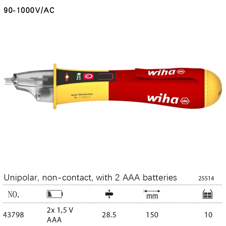 ของแท้ WIHA Multifunctional Single Pole Non-contact Volt Detector Induction ปากกาทดสอบประกอบด้วยแบตเตอรี่ AAA สองก้อน 43797 | 43798