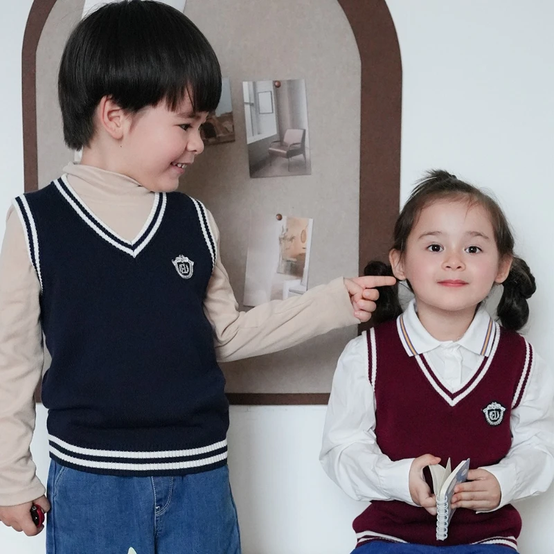 V-neck Contrasting Yarn Vest for Boys Knitted Vest Sweater for Girls Middle-aged and Children