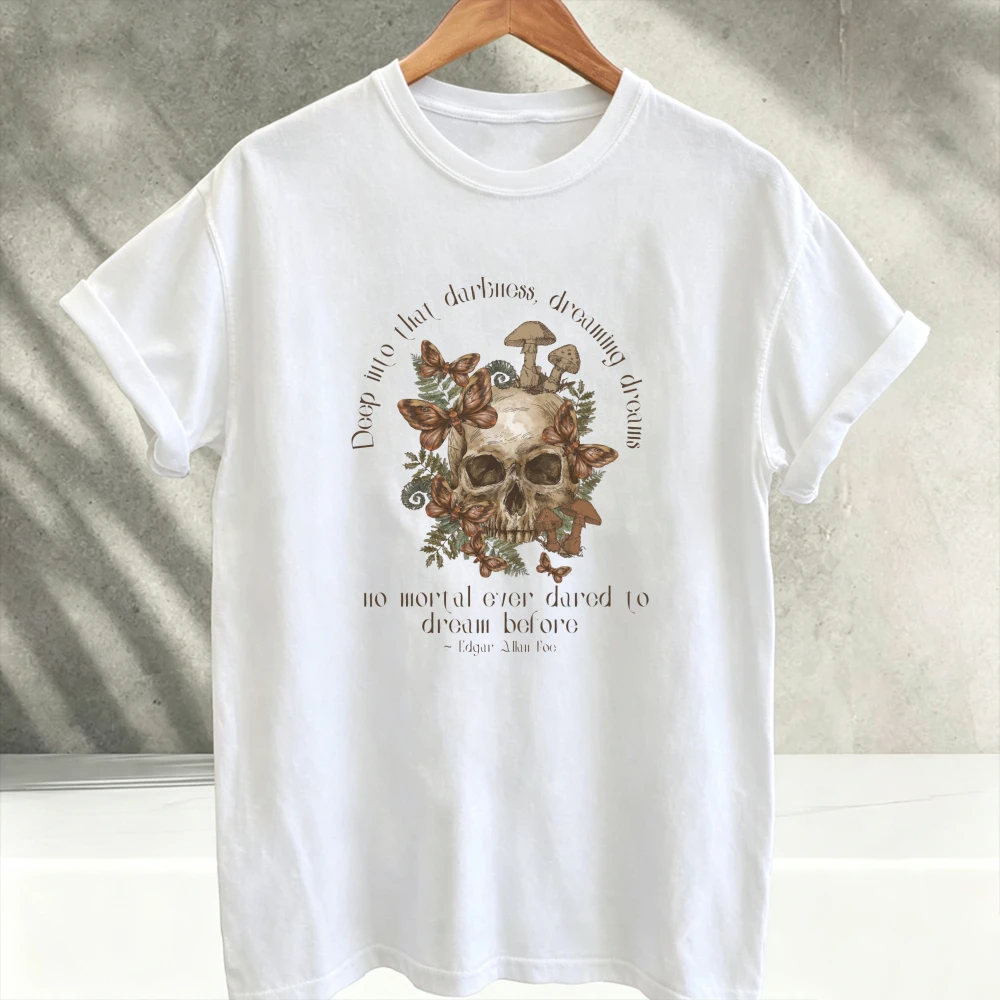 Vintage Skull Mushroom Butterfly Edgar Allan Poe Quote T‑Shirt Men Gothic Dark Academia Tees Casual Crew Neck Short Sleeve Tops
