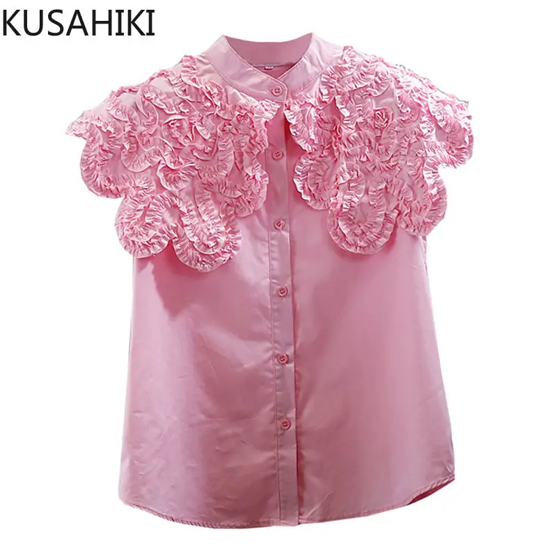 KUSAHIKI Causal Flying Sleeve Womens Top Summer New Korean Blusas Fashion Chic Edible Tree Fungus Ruffle Patchwork Blouse Shirt