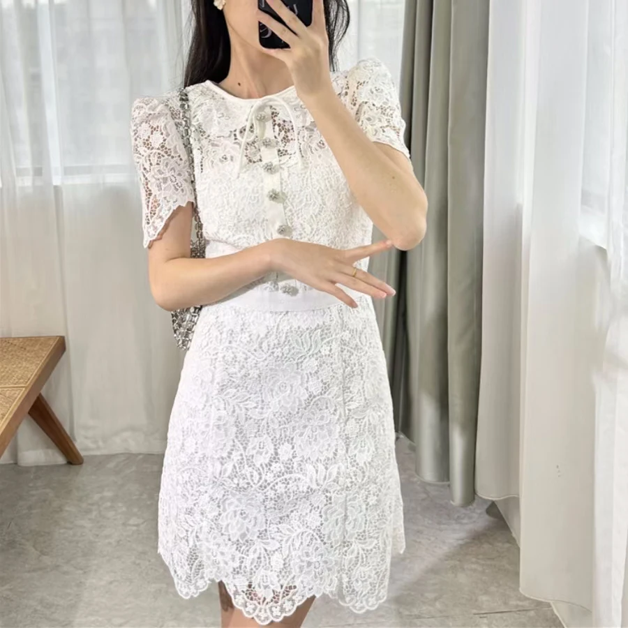 

Women Lace embroidery white dress high waist short sleeve sweet short dress