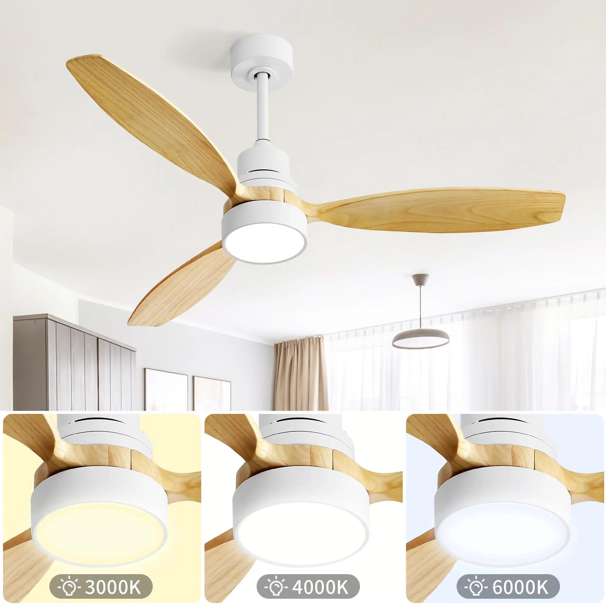 52-Inch Modern White Ceiling Fan with 3 Wood Blades, Remote Control, Reversible DC Motor & Light