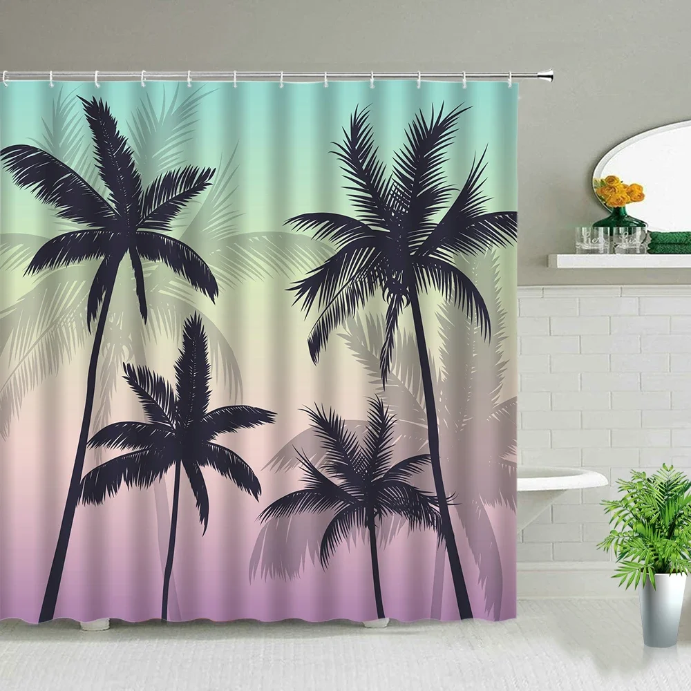 Palm Tree Waterproof Shower Curtains Tropical Plants Hand Painted Modern Scenery Bathroom Curtain Bathtub Home Decor With Hooks