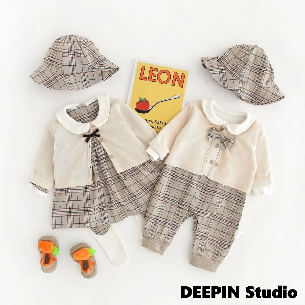 Baby Twins Clothes 2024 Spring Newborn Boy Clothing Set Long Sleeve College Style Baby Girl Clothes Plaid Toddler 3Pcs Suit 0-2T