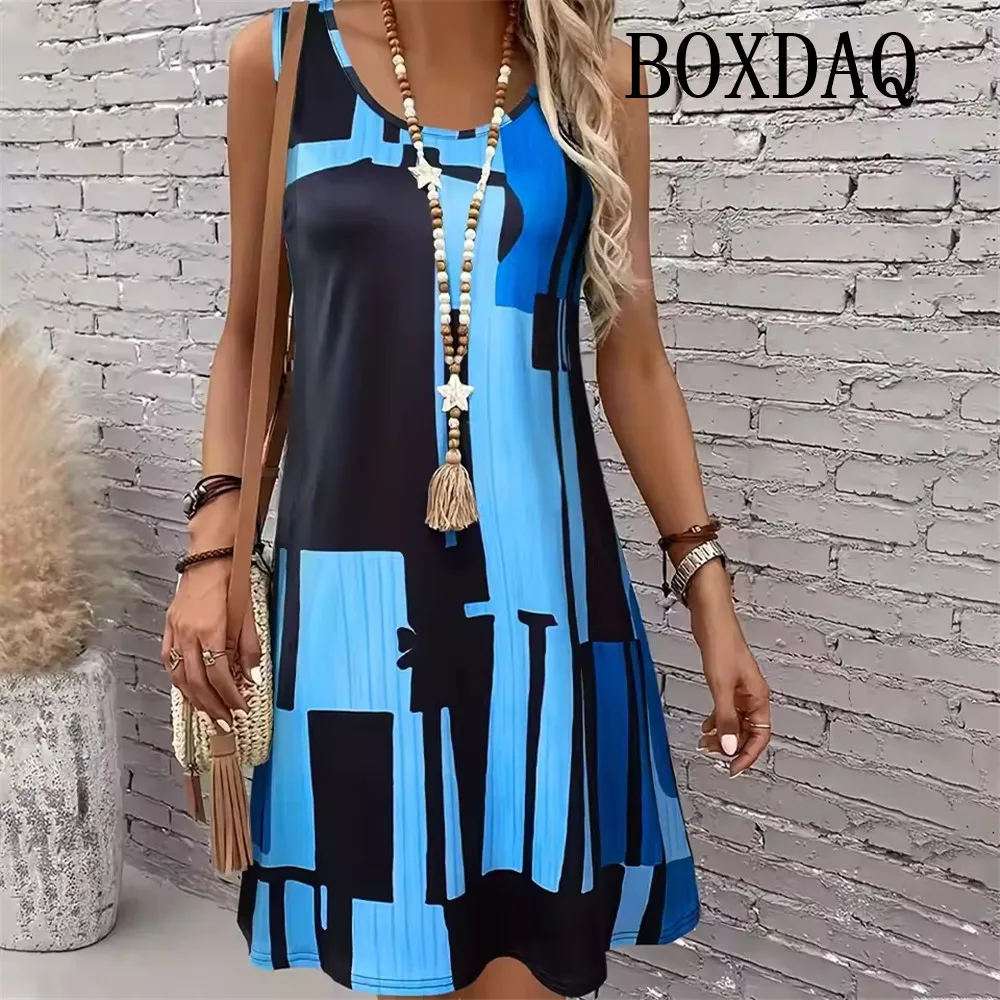 

Women's 2025 Summer New Striped Print Sleeveless Dress Loose Tank Short Dress Fashion Elegant Casual Loose Beach Party Dresses