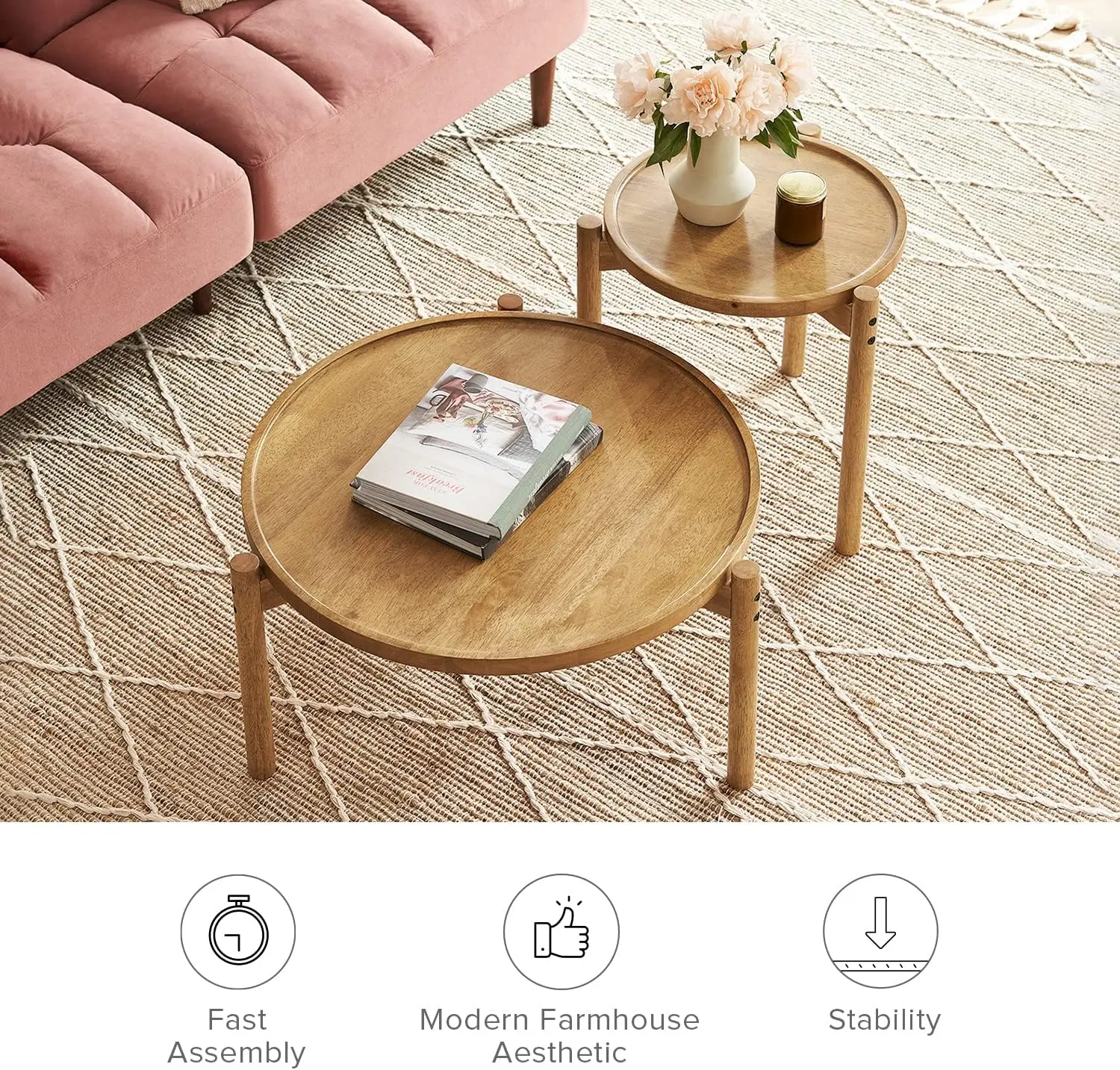 طقم طاولة قهوة متداخلة من بوهو مكون من قطعتين - طاولات صغيرة مستديرة من الخشب الصلب، طراز ريفي حديث مع تصميم قوي مكون من 3 أرجل