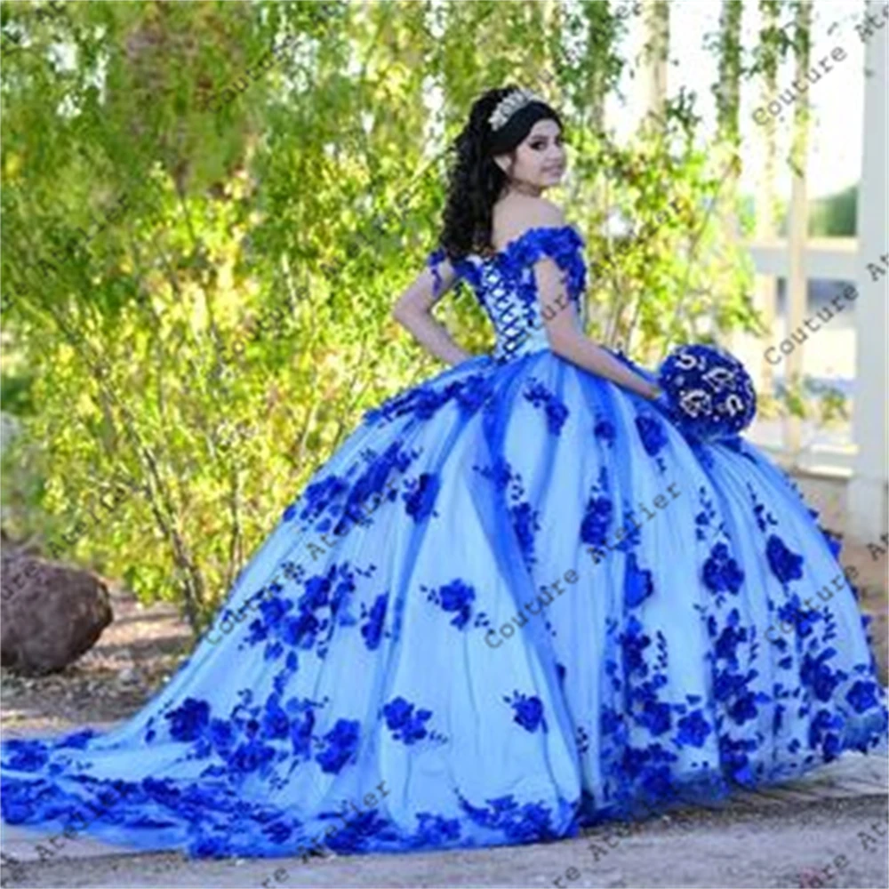 Royal Blue z koralikami perłami 3D kwiaty Quinceanera sukienki Off The Shoulder suknia balowa słodka szesnaście sukienka suknie ślubne Tulle vesti